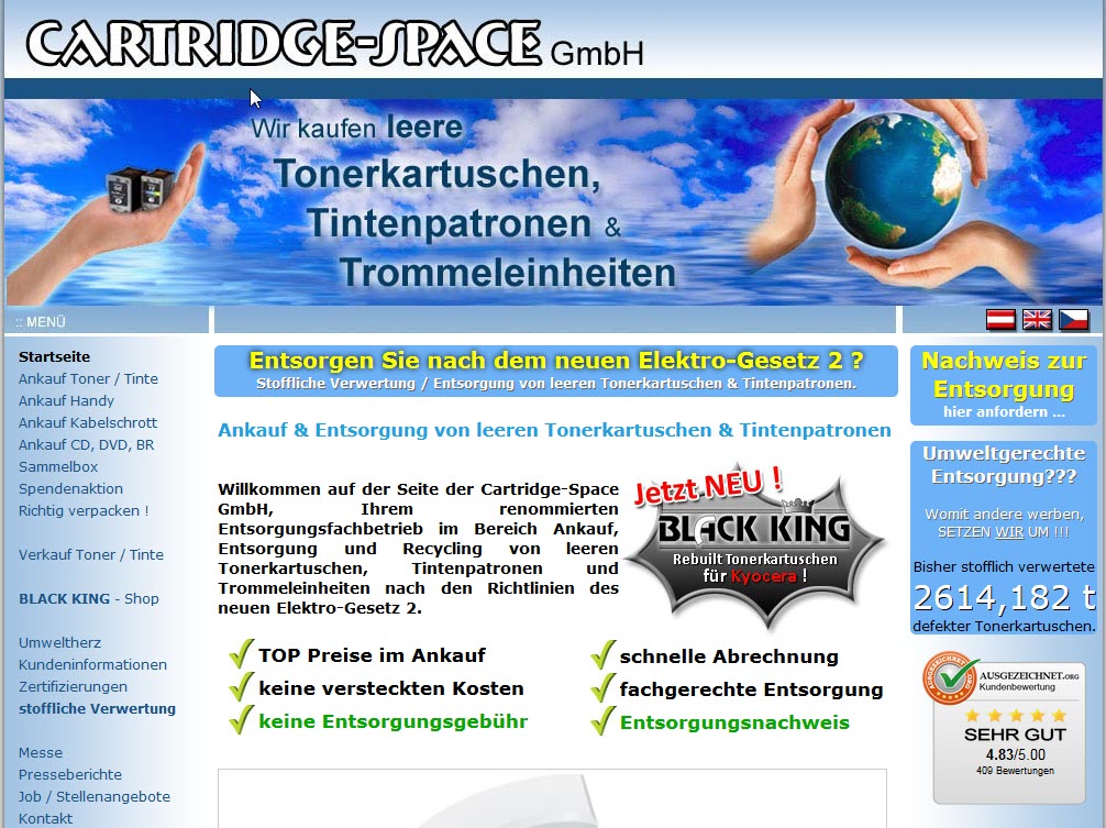 Webseite des Anbieters Cartridge Space