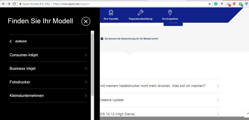 Für unseren Beispieldrucker folgen Sie dem Pfad: Drucker und Multifunktionsgeräte – Tintenstrahldrucker – Consumer Inkjet – Modell wählen