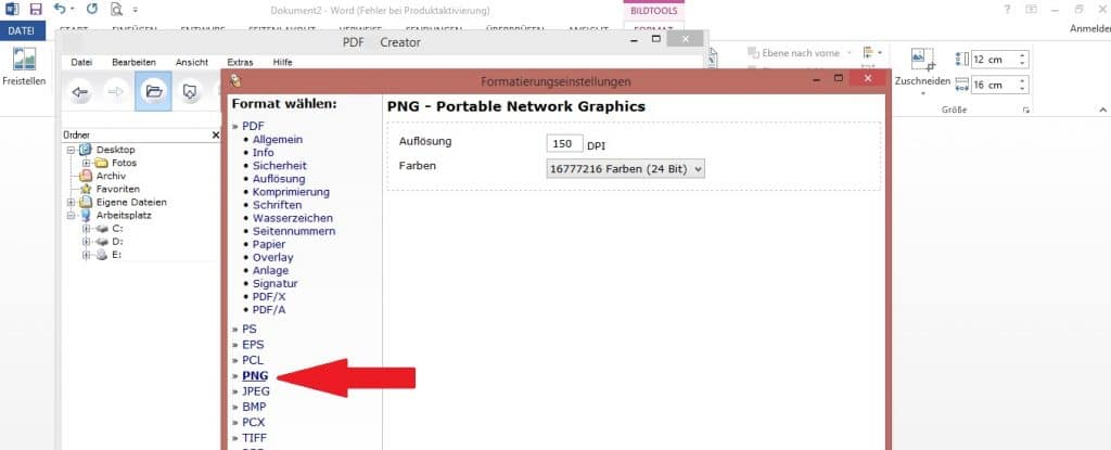 Über den PDFCreator können Sie Ihre zuvor als PDF gespeicherten Word-Dokumente auch als PNG abspeichern.