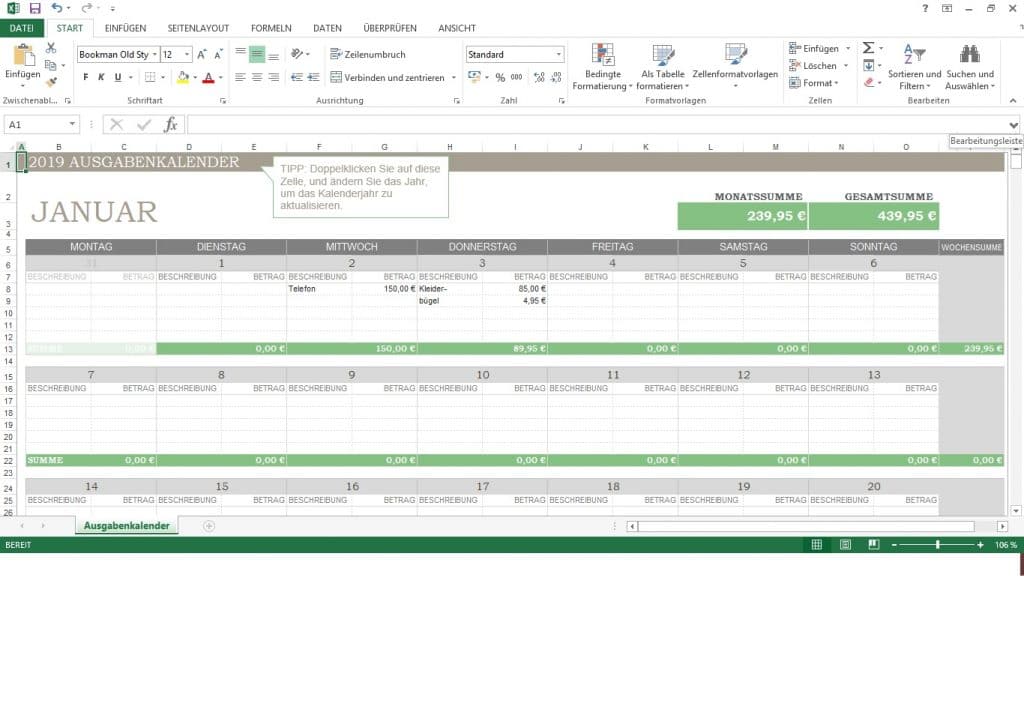 Um einen guten Überblick über Ihr Budget zu behalten, eignet sich ein Kalender, in welchem Sie Ihre Ausgaben eintragen können.