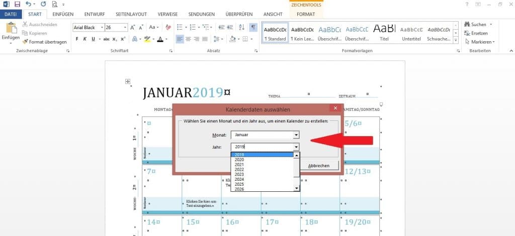 Wählen Sie das Jahr aus, für welches Sie Ihren Kalender erstellen möchten.